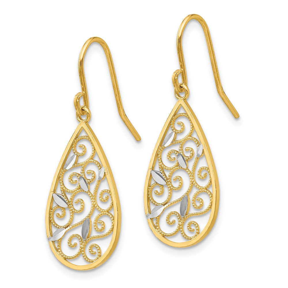 14k Yellow & Rhodium 12 mm Diamond-cut Filigree Teardrop Wire Earrings (1.52 grams)