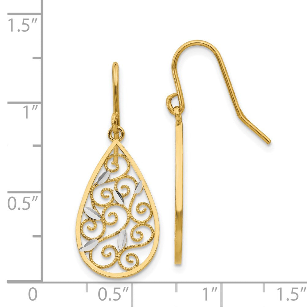 14k Yellow & Rhodium 12 mm Diamond-cut Filigree Teardrop Wire Earrings (1.52 grams)