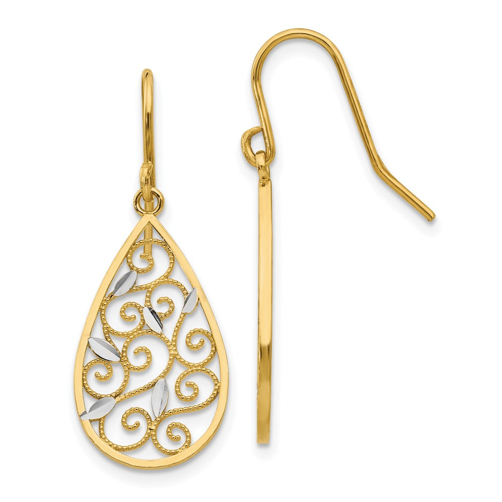 14k Yellow & Rhodium 12 mm Diamond-cut Filigree Teardrop Wire Earrings (1.52 grams)
