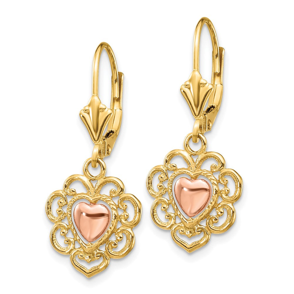 14k Two-tone 12 mm Two-tone Heart with Lace Trim Leverback Earrings (1.91 grams)