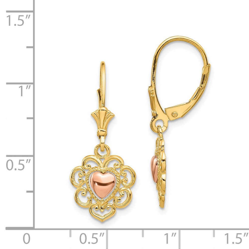 14k Two-tone 12 mm Two-tone Heart with Lace Trim Leverback Earrings (1.91 grams)