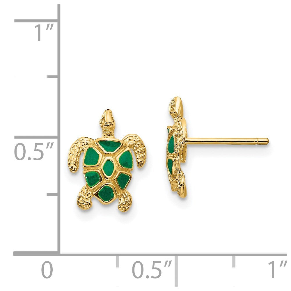 14k Yellow Gold 9 mm Green Enameled Sea Turtle Post Earrings (1.39 grams)