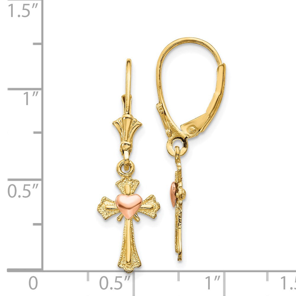 14k Two-tone 9 mm Two-tone Heart on Cross Leverback Earrings (1.54 grams)
