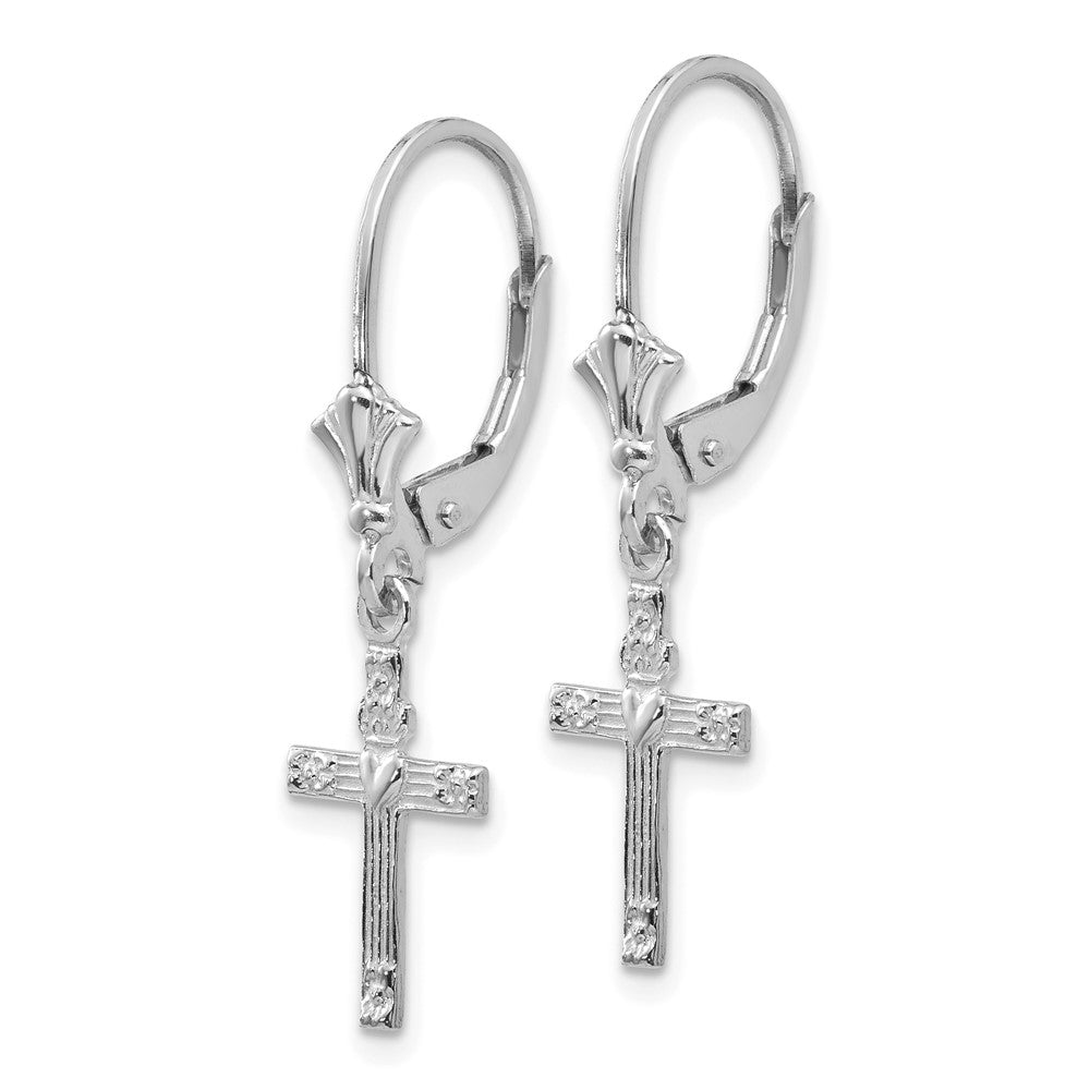 14k White Gold 9 mm Mini Cross with Heart Leverback Earrings (1.21 grams)
