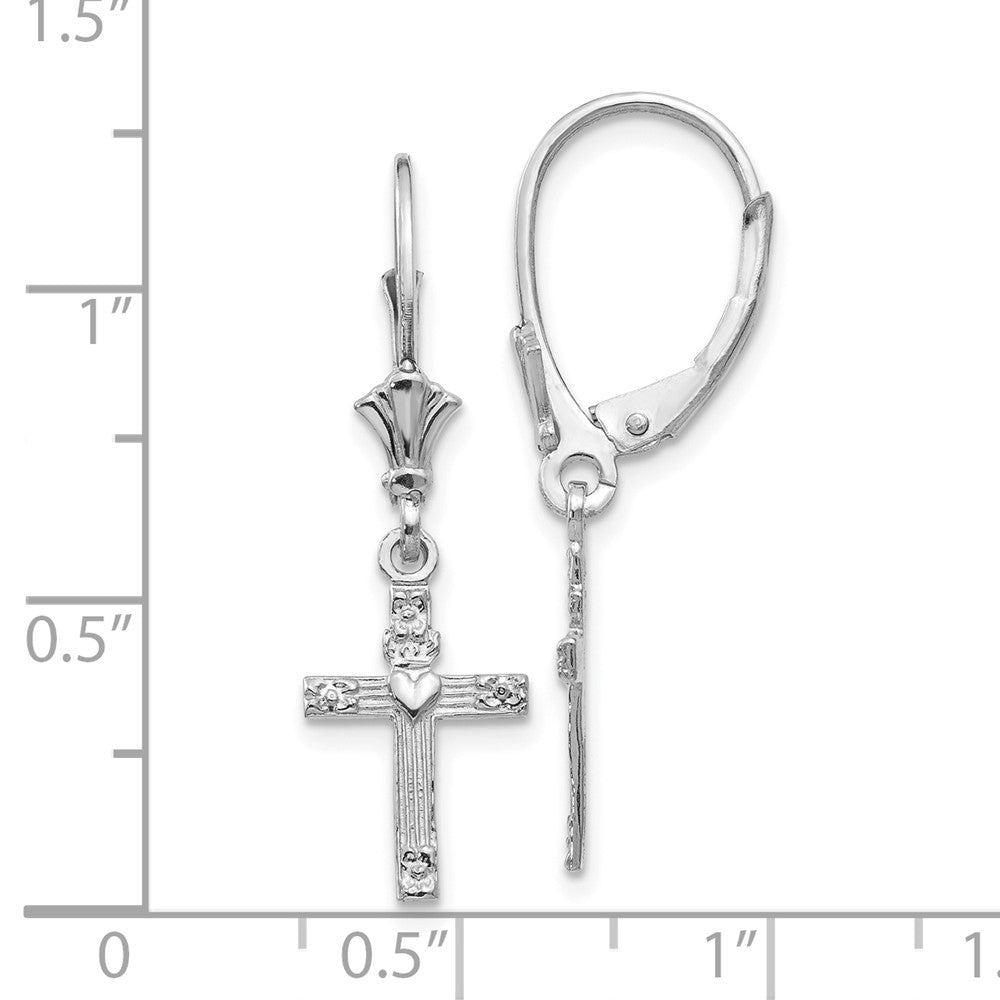 14k White Gold 9 mm Mini Cross with Heart Leverback Earrings (1.21 grams)