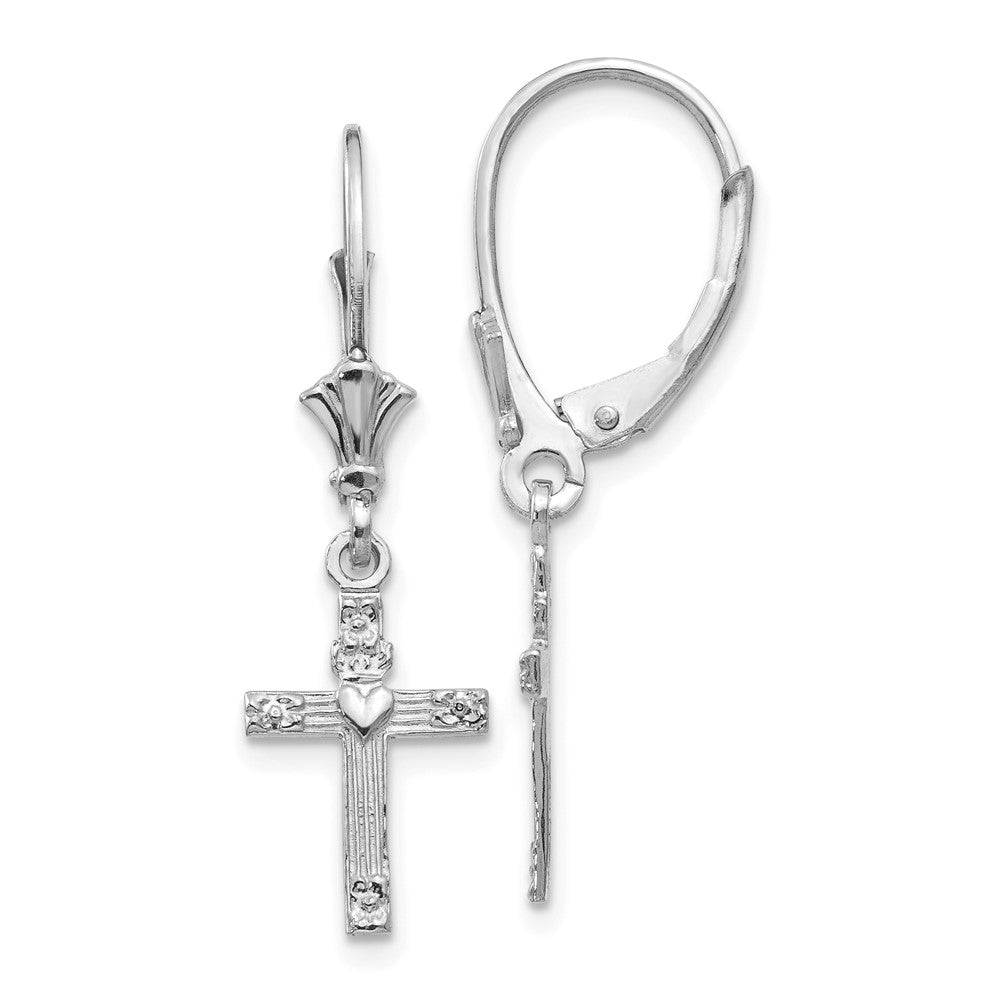 14k White Gold 9 mm Mini Cross with Heart Leverback Earrings (1.21 grams)
