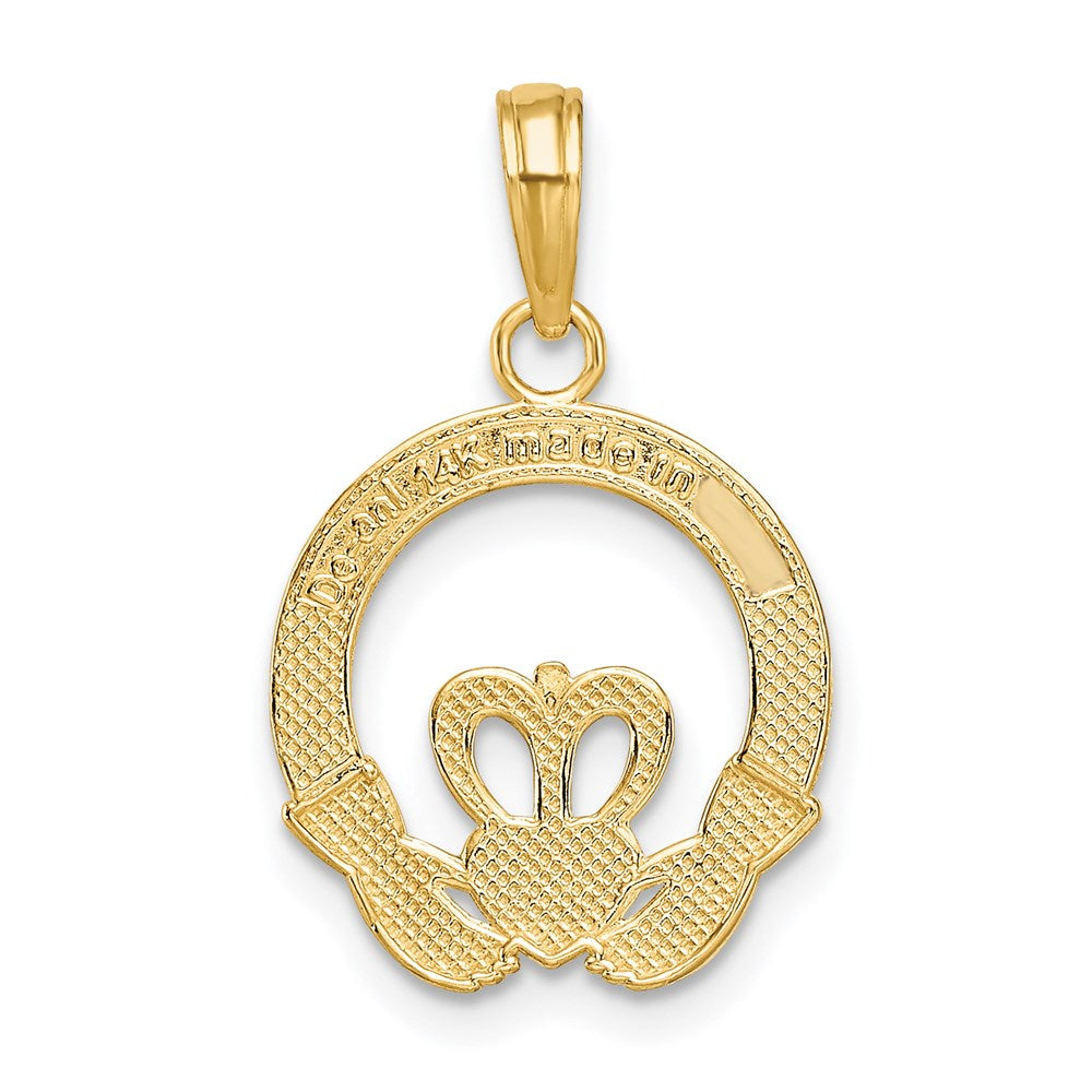 14k Yellow Gold 14 mm Satin Diamond-cut Flat-Backed Claddagh Pendant (1.17 grams)