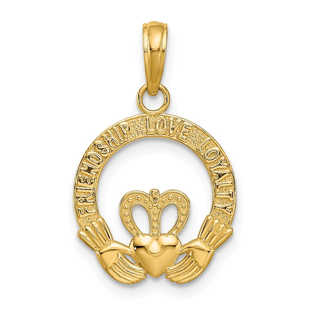 14k Yellow Gold 14 mm Satin Diamond-cut Flat-Backed Claddagh Pendant (1.17 grams)
