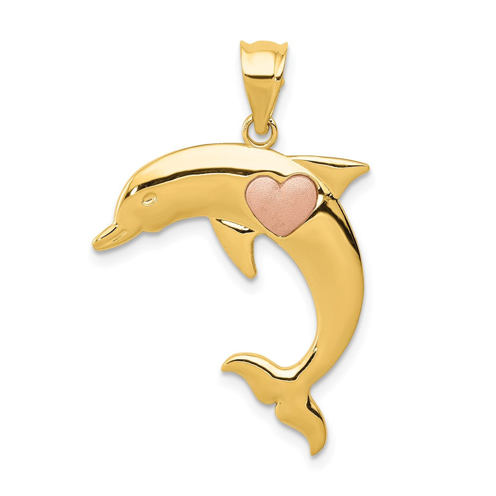 14k Two-tone 23 mm Two Tone Dolphin w/Heart Pendant (1.07 grams)