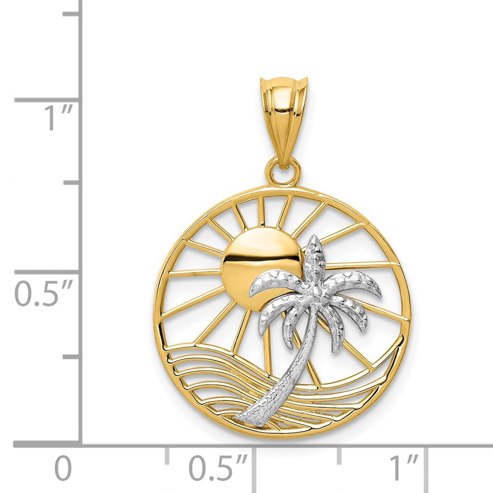 14k Two-tone 20 mm Two-tone Sun and Palm Tree Pendant (1.48 grams)