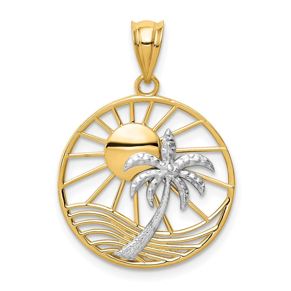 14k Two-tone 20 mm Two-tone Sun and Palm Tree Pendant (1.48 grams)