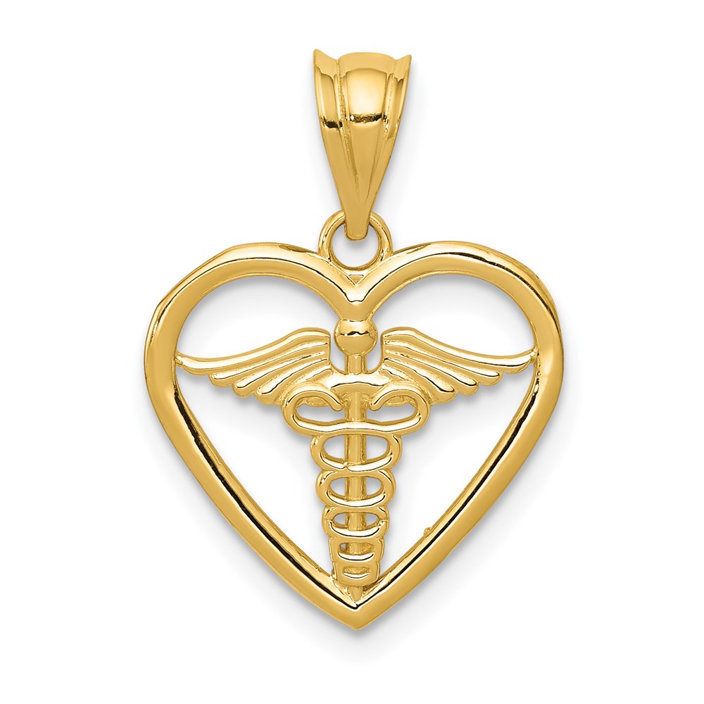 14k Yellow Gold 16 mm Caduceus Heart Medical Pendant (0.97 grams)