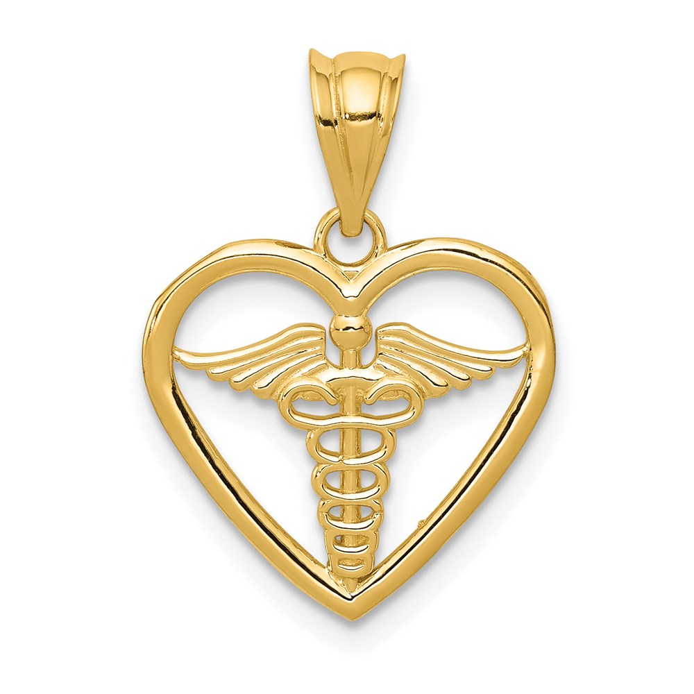 14k Yellow Gold 16 mm Caduceus Heart Medical Pendant