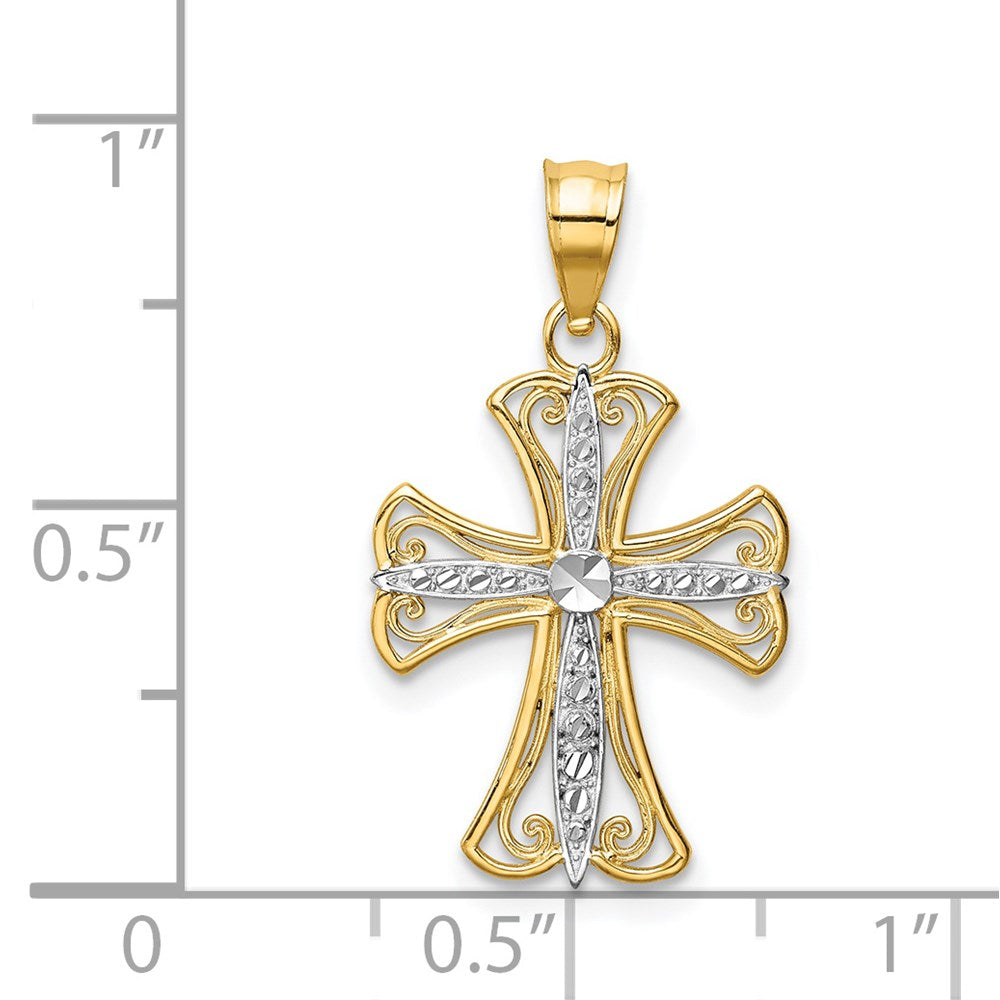 14k Yellow & Rhodium 14 mm Diamond-cut Cross Pendant (0.82 grams)