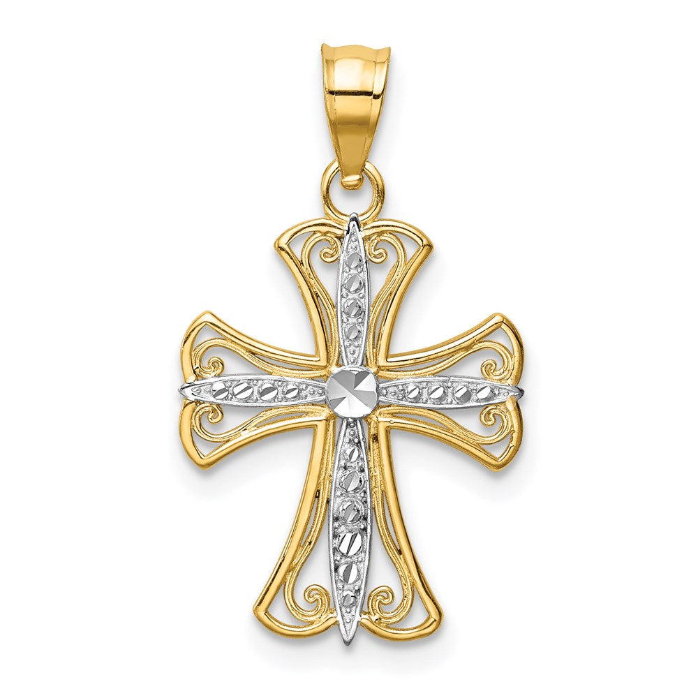 14k Yellow & Rhodium 14 mm Diamond-cut Cross Pendant (0.82 grams)