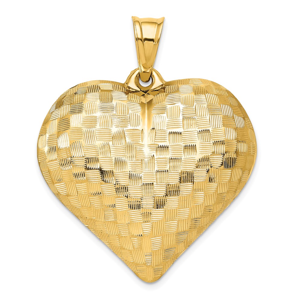14K Polished Basket Weave Pattern 3-D Puffed Heart Pendant (3.24 grams)