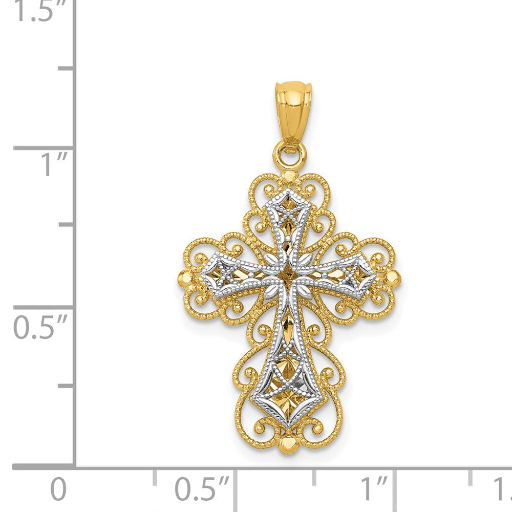 14k Two-tone 18 mm Two-tone Gold Polished 2 Level Filigree Cross Pendant (1.37 grams)