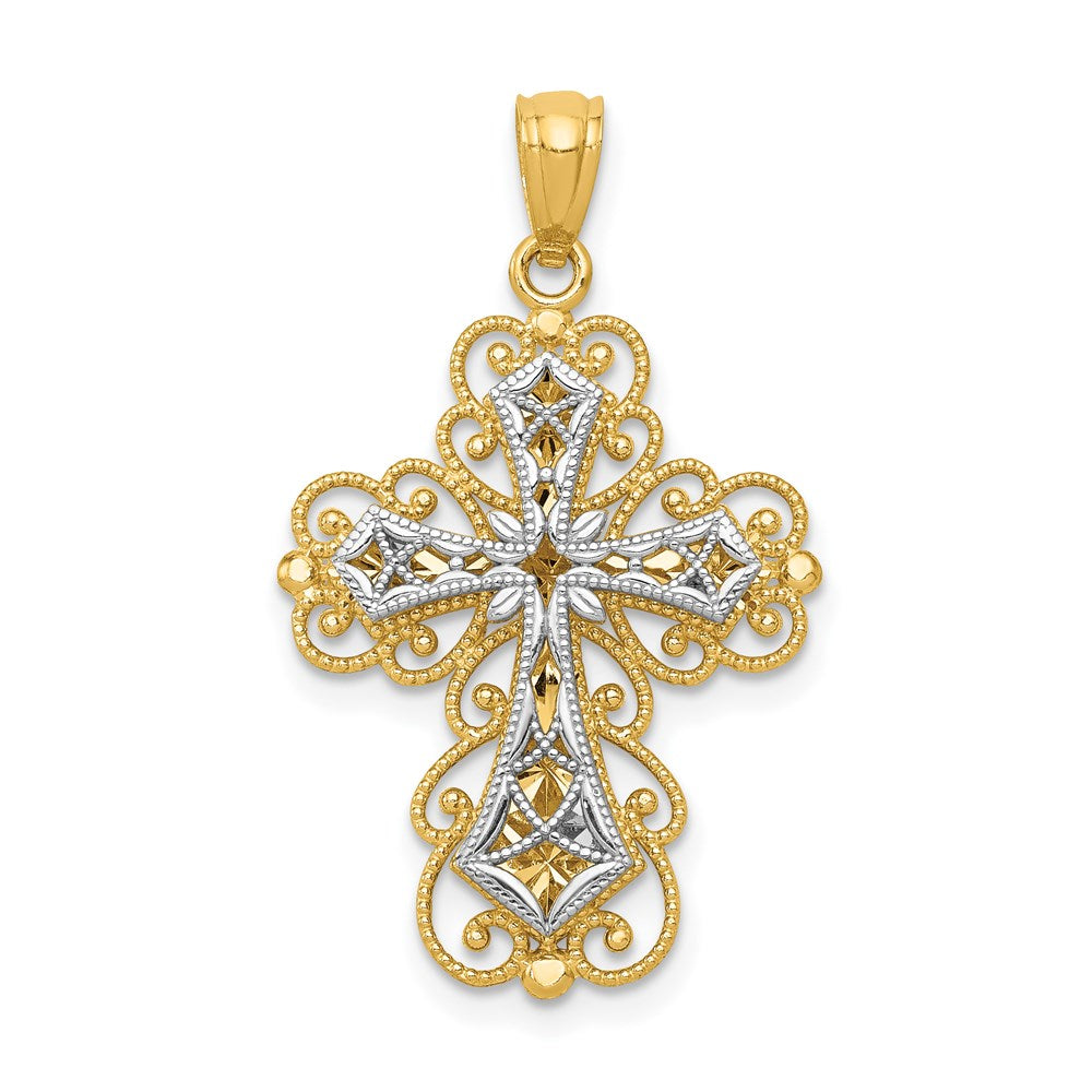 14k Two-tone 18 mm Two-tone Gold Polished 2 Level Filigree Cross Pendant (1.37 grams)