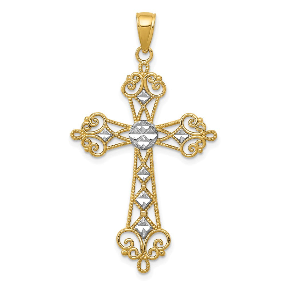 14k Yellow & Rhodium 25 mm Polished Diamond-Cut Cut-Out Cross Pendant (1.83 grams)