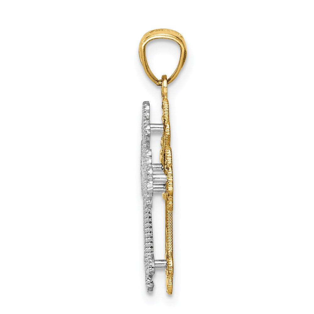 14k Two-tone 15 mm Two-tone Polished Filigree 2 Level Heart Cross Pendant (1.34 grams)