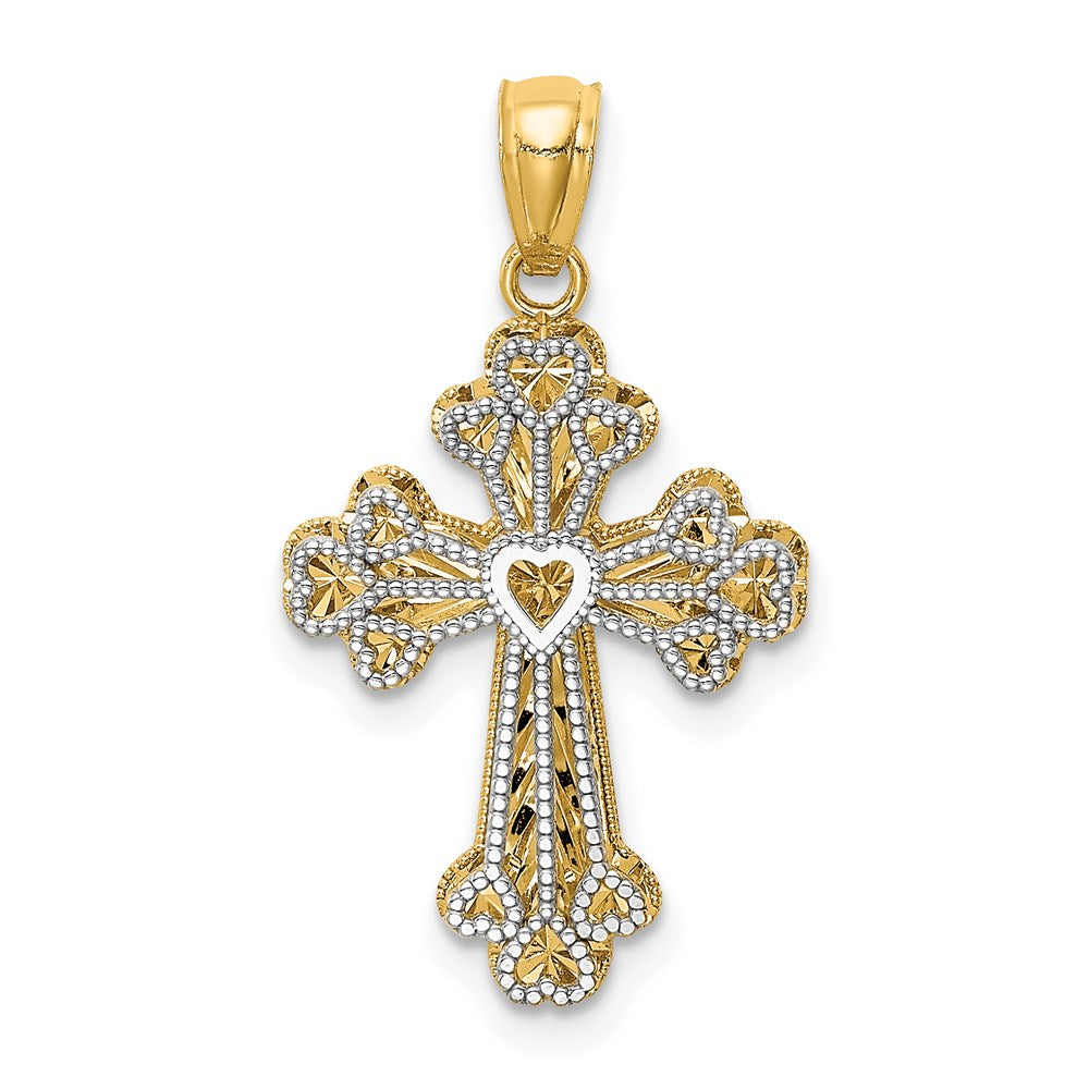 14k Two-tone 15 mm Two-tone Polished Filigree 2 Level Heart Cross Pendant (1.34 grams)