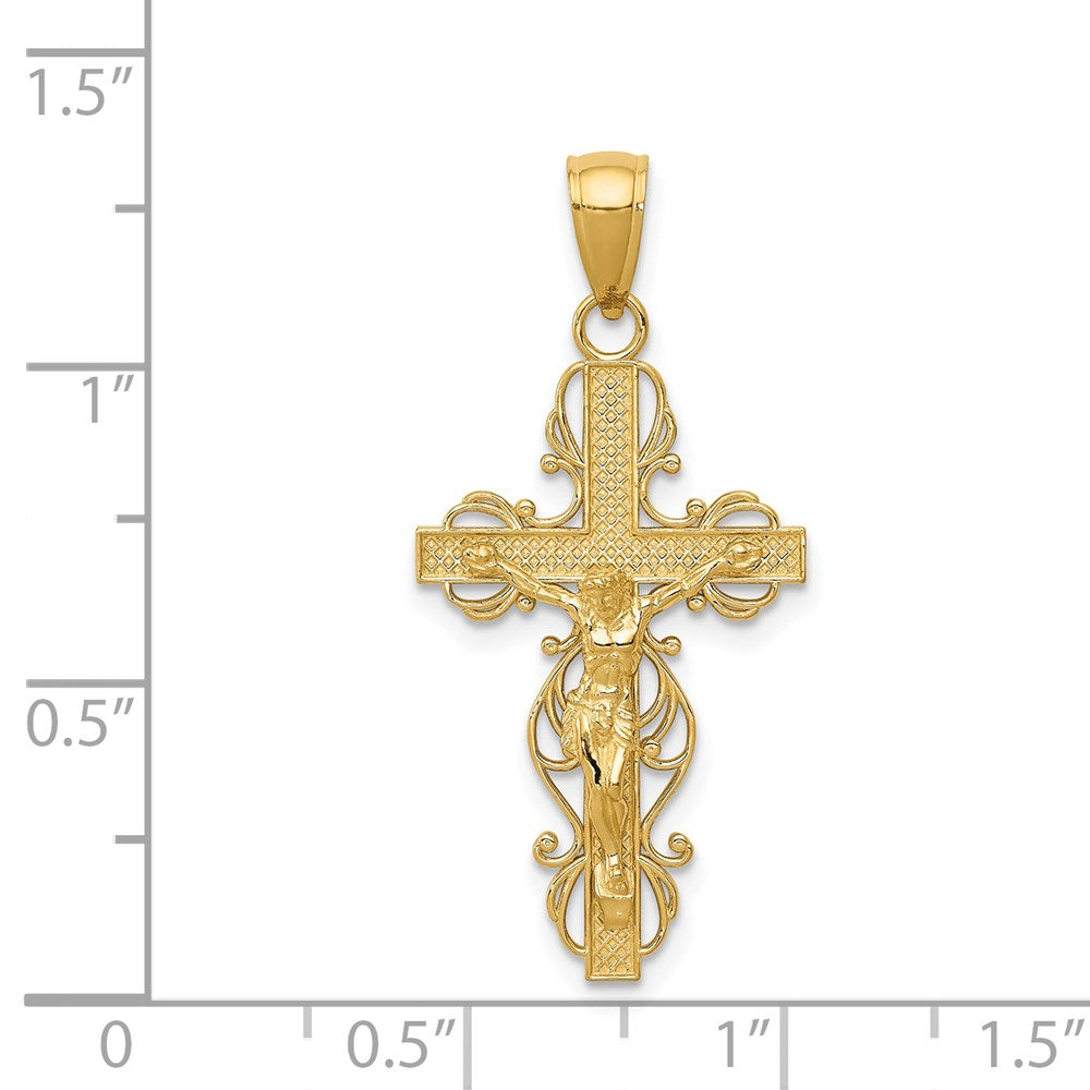 14k Yellow Gold 16 mm Polished Crucifix W/Lace Trim Pendant (1.85 grams)