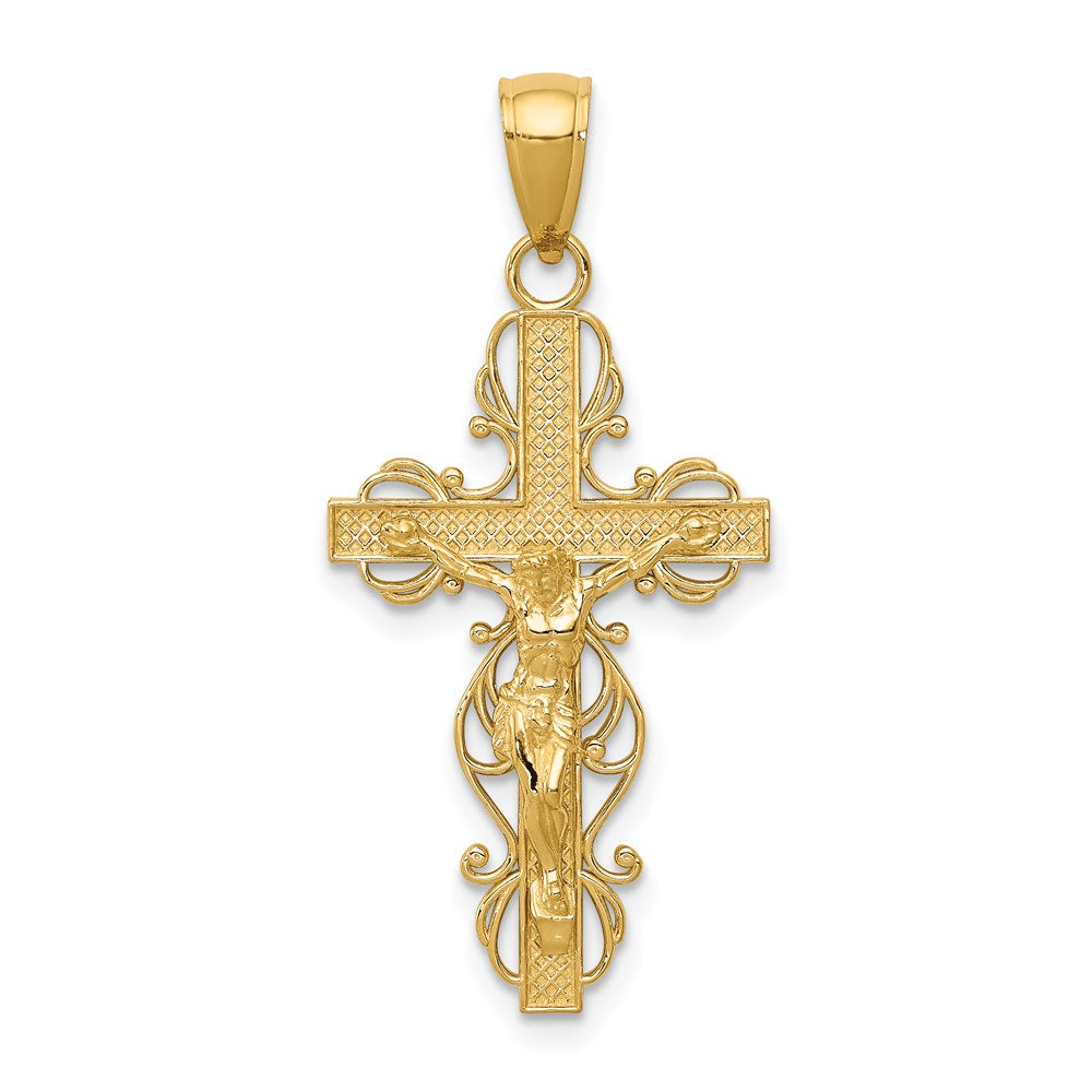14k Yellow Gold 16 mm Polished Crucifix W/Lace Trim Pendant (1.85 grams)