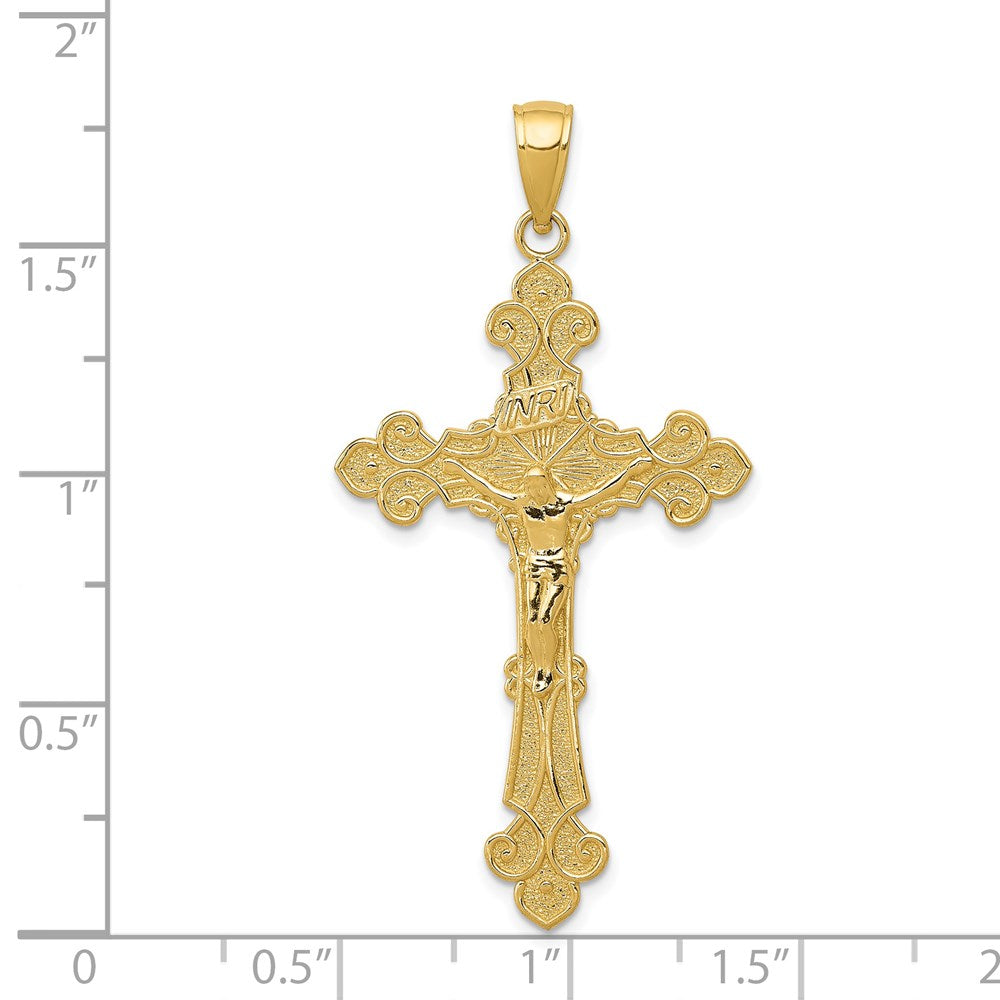 14k Yellow Gold 23 mm Polished Textured INRI Crucifix Fleur de Lis Pendant (2.12 grams)