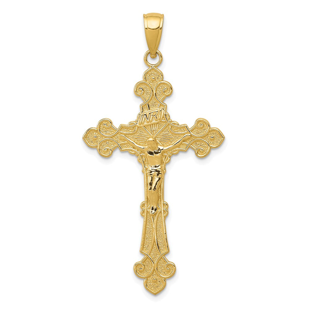 14k Yellow Gold 23 mm Polished Textured INRI Crucifix Fleur de Lis Pendant (2.12 grams)