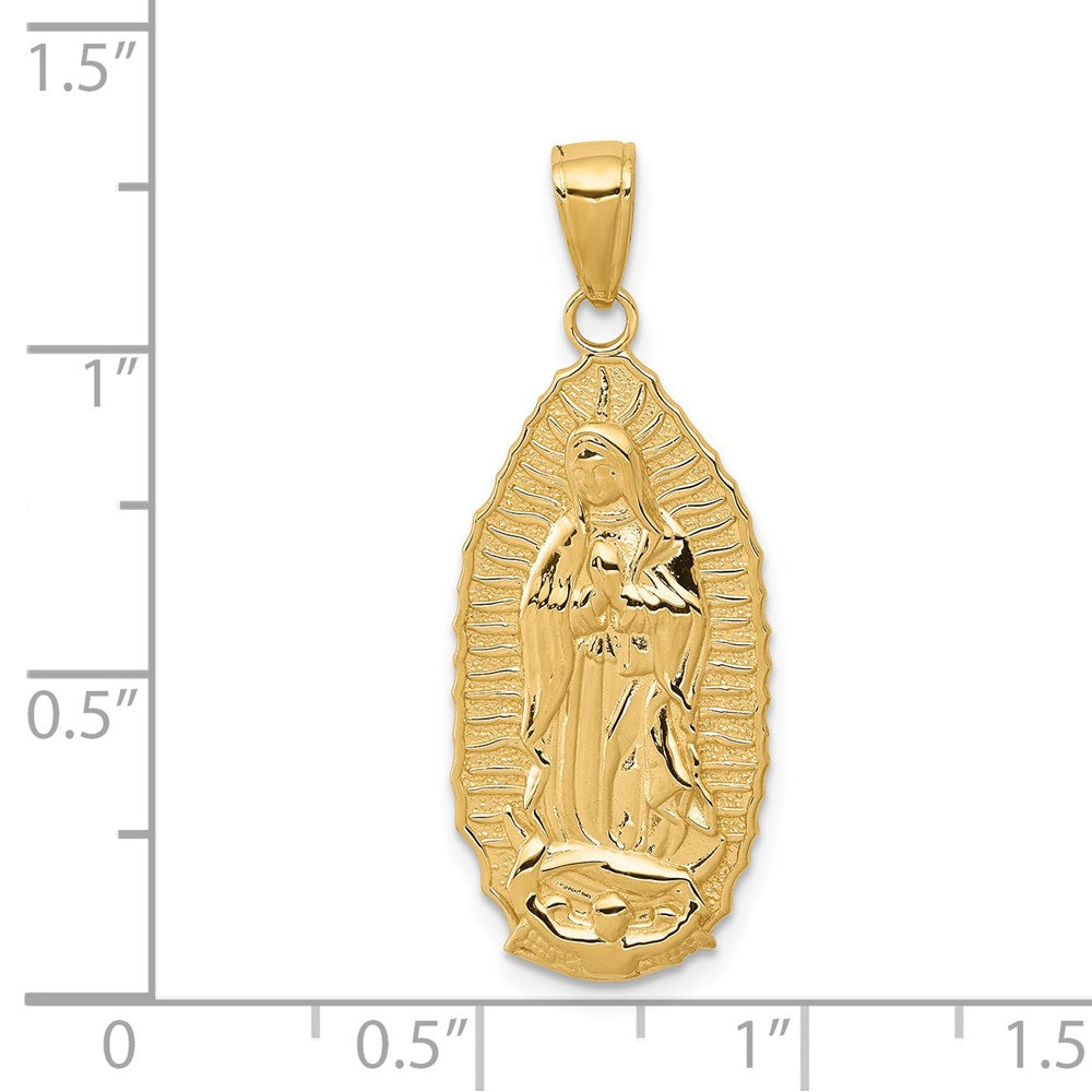 14k Yellow Gold 12.5 mm Polished Our Lady Of Guadalupe Oval Disc Engraved Pendant (2.36 grams)