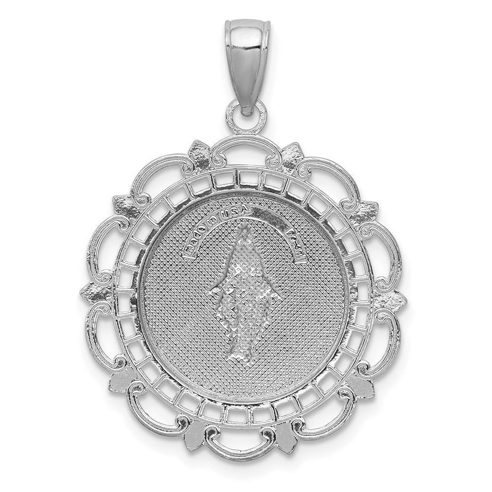 14k White Gold 23 mm Miraculous Medal With Scallop Frame Pendant (2.75 grams)