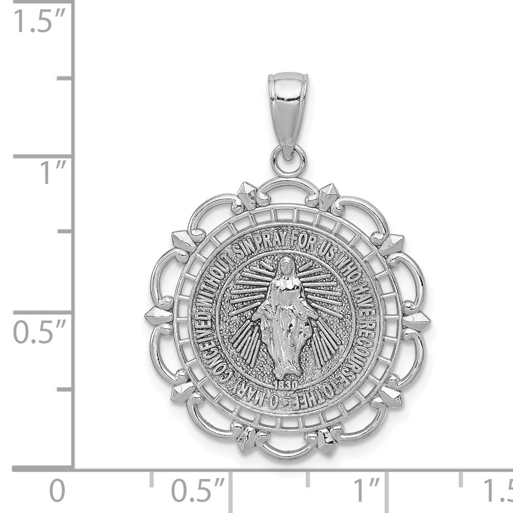 14k White Gold 23 mm Miraculous Medal With Scallop Frame Pendant (2.75 grams)