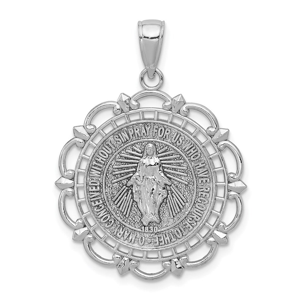 14k White Gold 23 mm Miraculous Medal With Scallop Frame Pendant (2.75 grams)