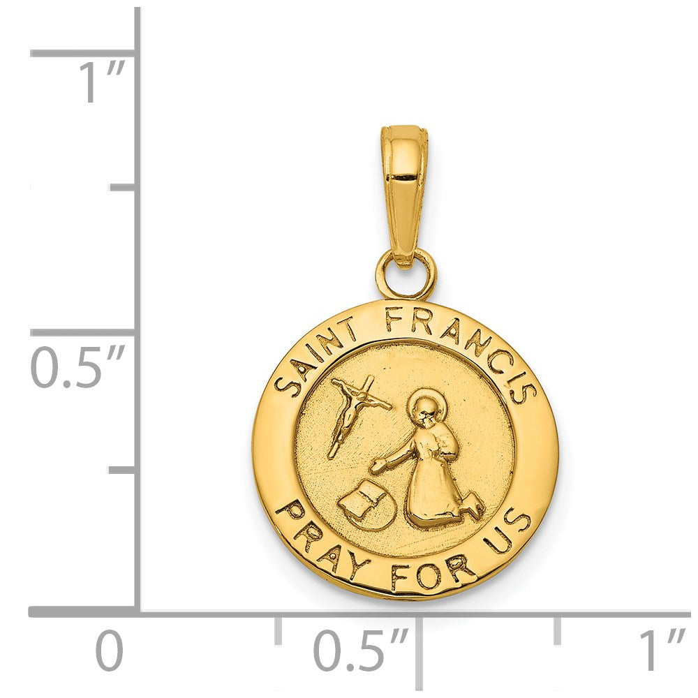 14k Yellow Gold 14.4 mm Gold Satin And Polished Saint Francis Medal Pendant (1.67 grams)
