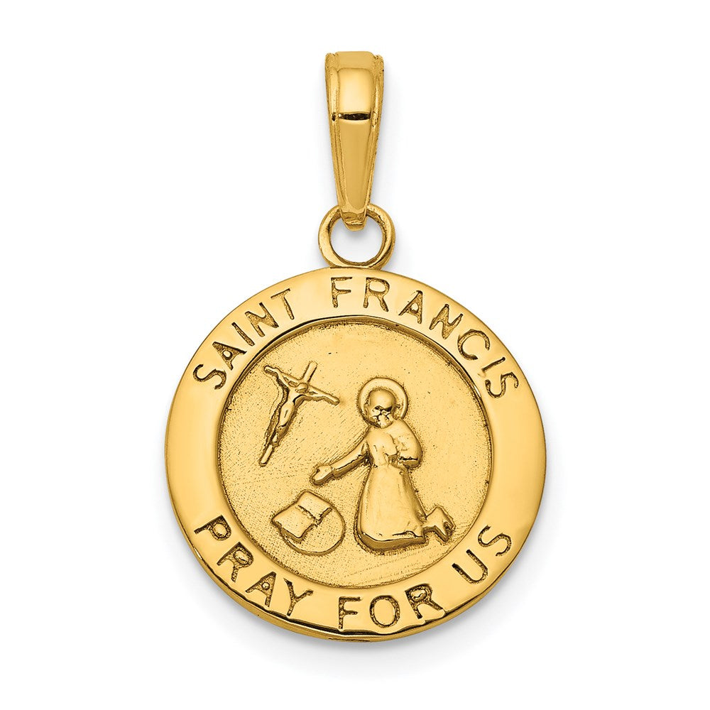 14k Yellow Gold 14.4 mm Gold Satin And Polished Saint Francis Medal Pendant (1.67 grams)