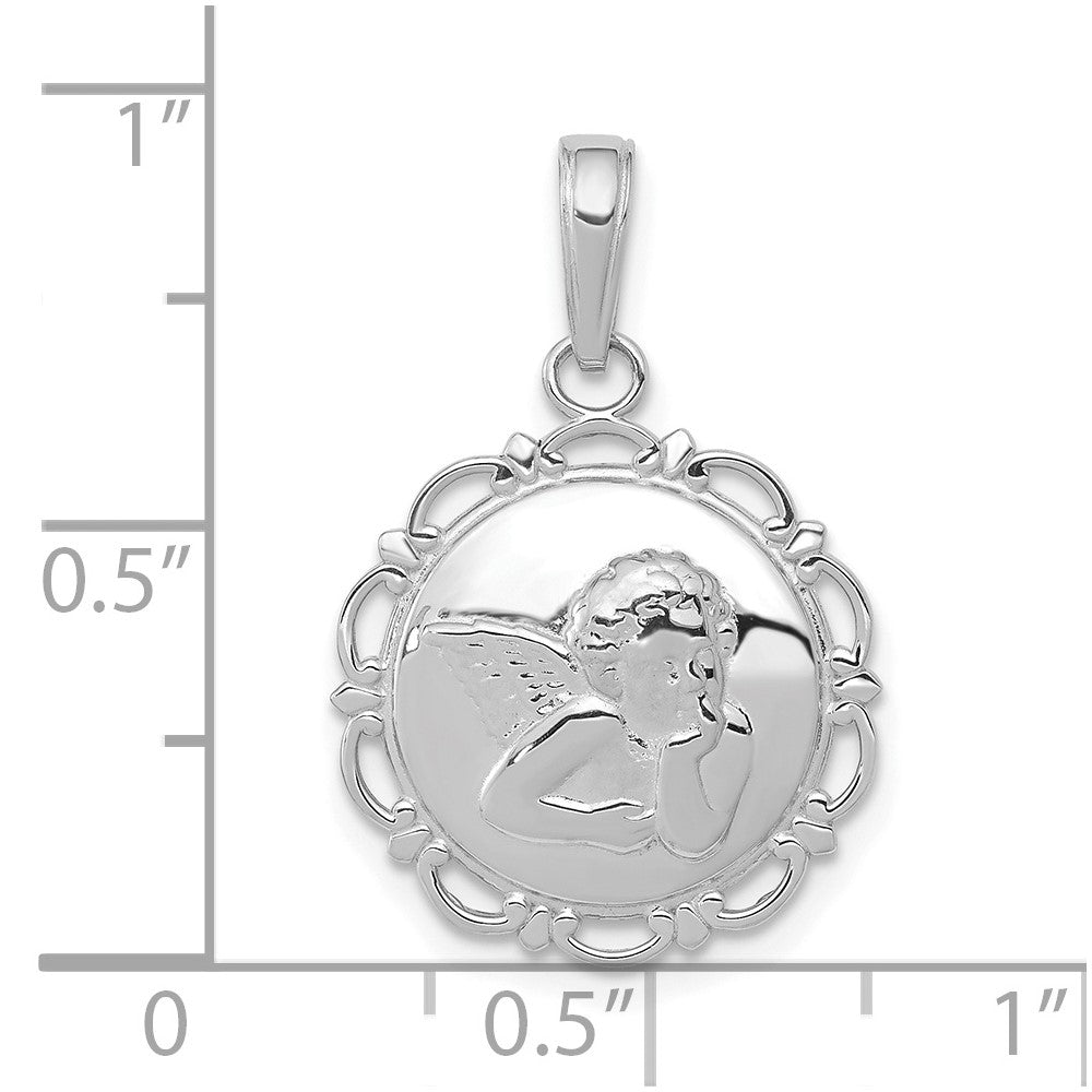 14k White Gold 15.95 mm Polished Angel/Cherub on Round Scallop Frame Pendant (1.46 grams)