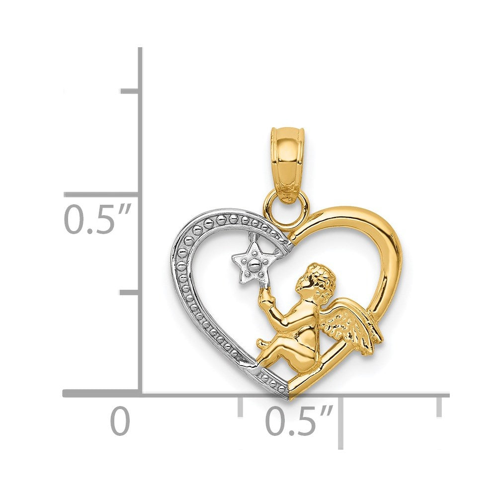 14K and White Rhodium Angel in Heart with Star Pendant (0.89 grams)