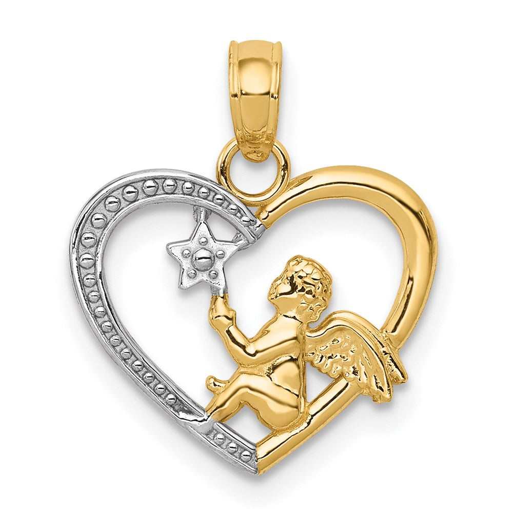 14K and White Rhodium Angel in Heart with Star Pendant (0.89 grams)