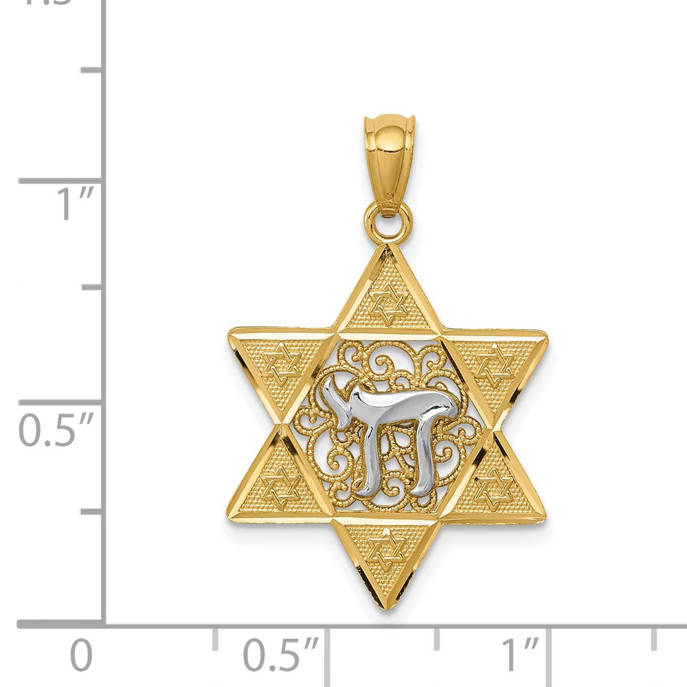 14k Two-tone Gold Polished Star of David w/Chai Pendant (1.3 grams)