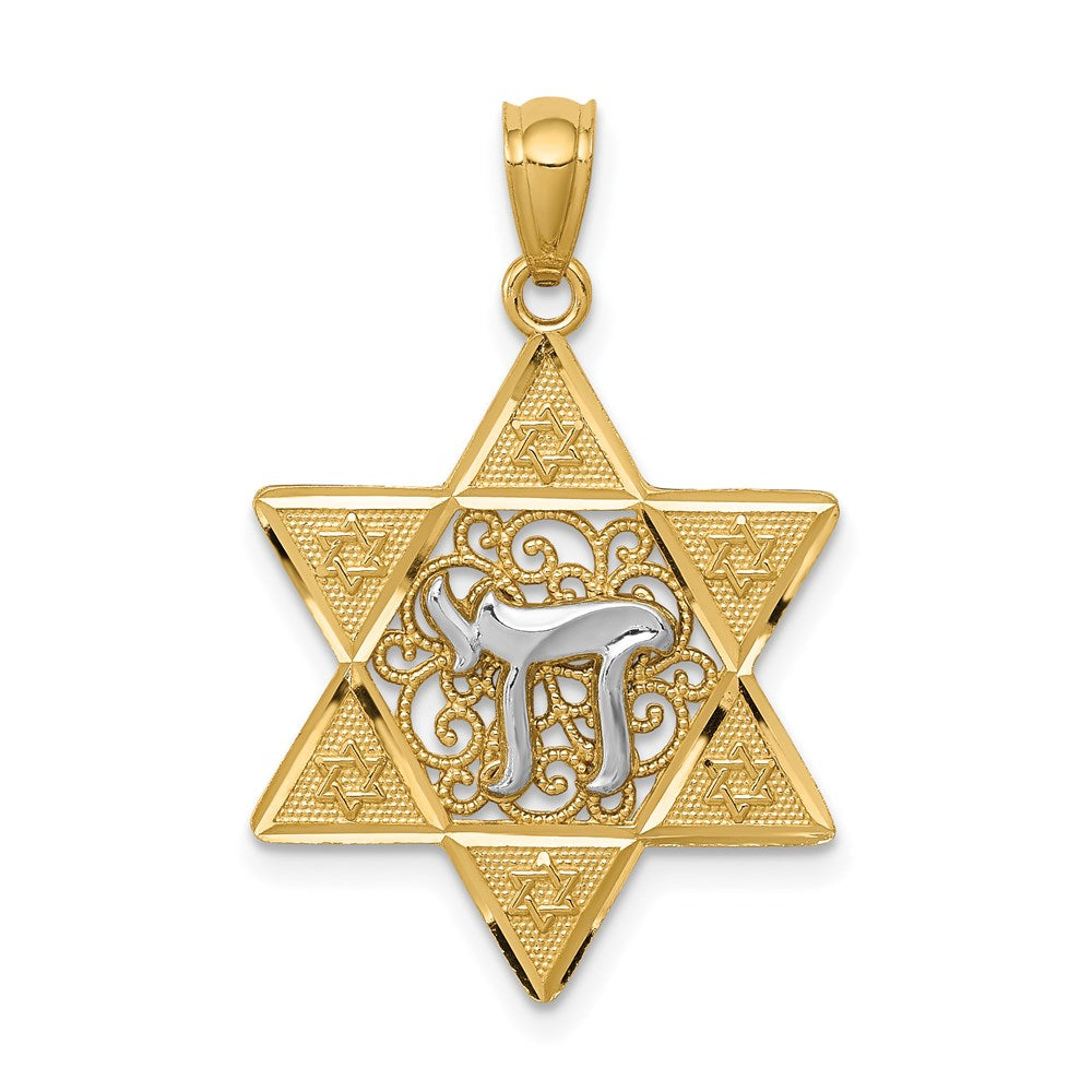 14k Two-tone Gold Polished Star of David w/Chai Pendant (1.3 grams)