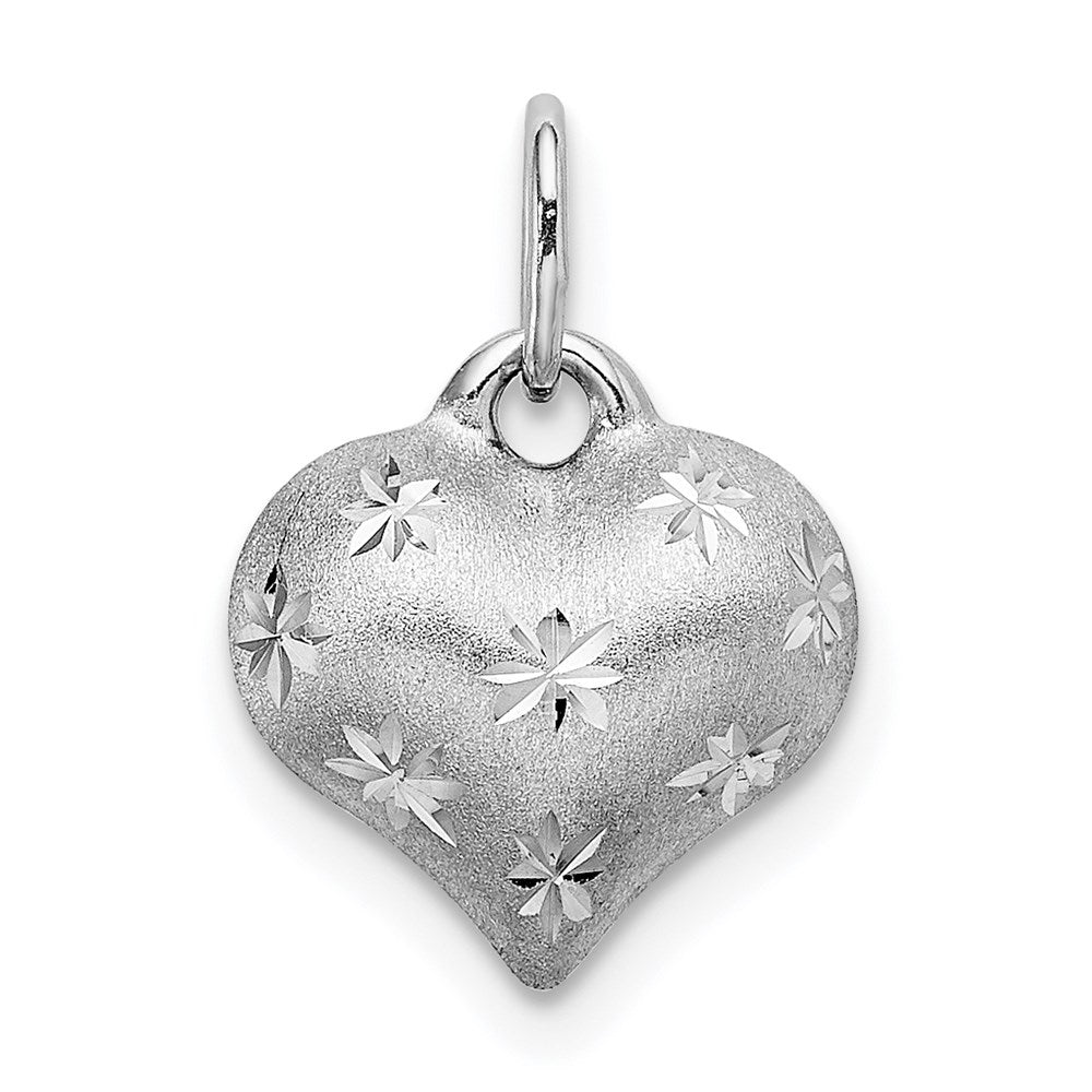 14k White Gold 11.2 mm Satin Diamond-cut 3D Puffed Heart Pendant (0.38 grams)