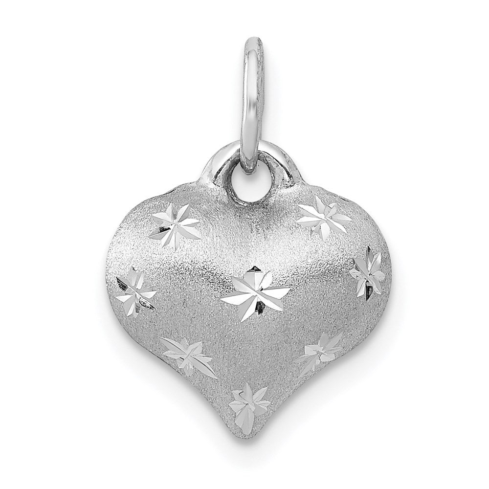 14k White Gold 11.2 mm Satin Diamond-cut 3D Puffed Heart Pendant