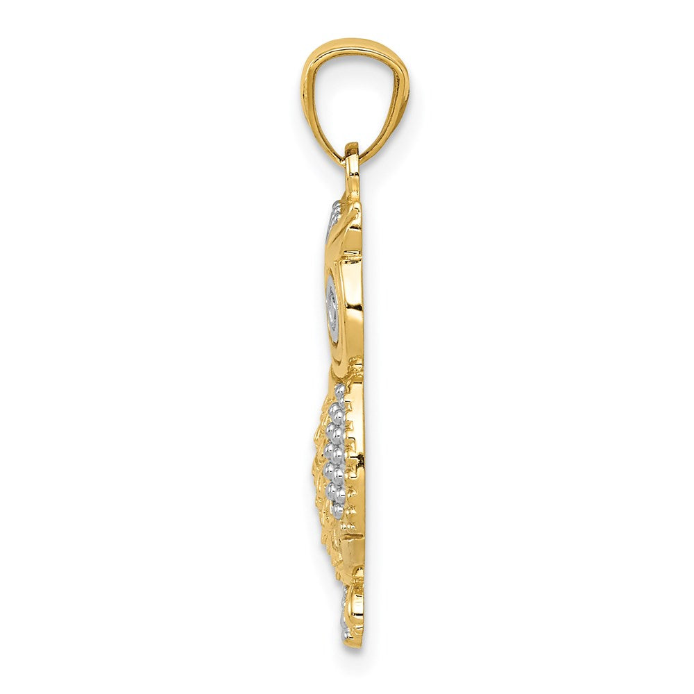 14k Yellow & Rhodium 12 mm Polished / Textured Owl Pendant (1.16 grams)