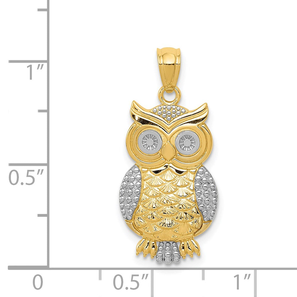 14k Yellow & Rhodium 12 mm Polished / Textured Owl Pendant (1.16 grams)