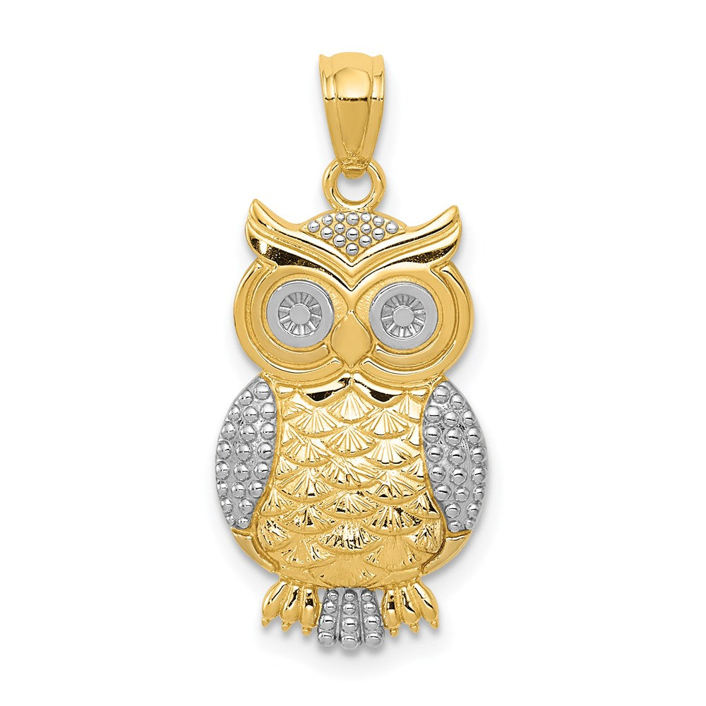 14k Yellow & Rhodium 12 mm Polished / Textured Owl Pendant (1.16 grams)