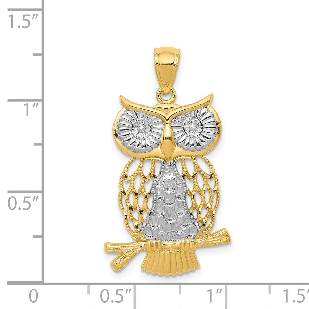 14k Yellow & Rhodium 17.5 mm Diamond-cut Polished Moveable Owl Pendant (2.17 grams)