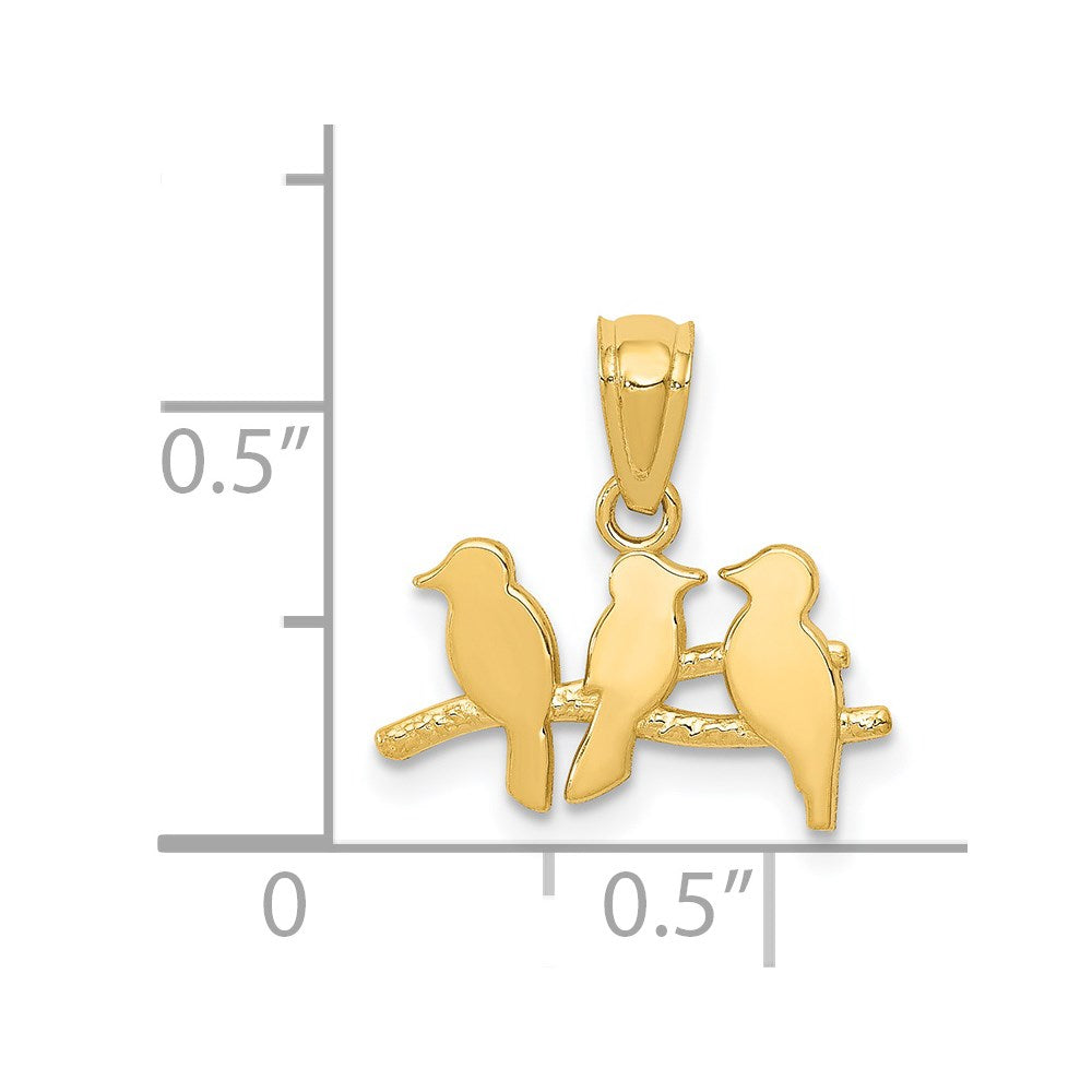 14k Yellow Gold 15 mm Polished Three Birds on a Branch Pendant (0.45 grams)