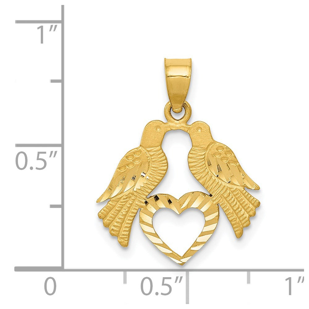 14k Yellow Gold 17 mm Polished Diamond-cut Love Birds with Heart Pendant (1.04 grams)