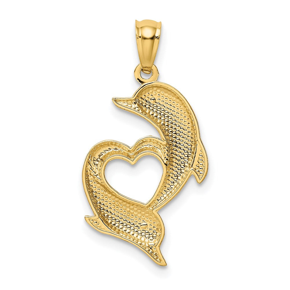 14k Yellow Gold 13.5 mm D/C Satin and Polished Dolphins Heart Pendant (0.83 grams)