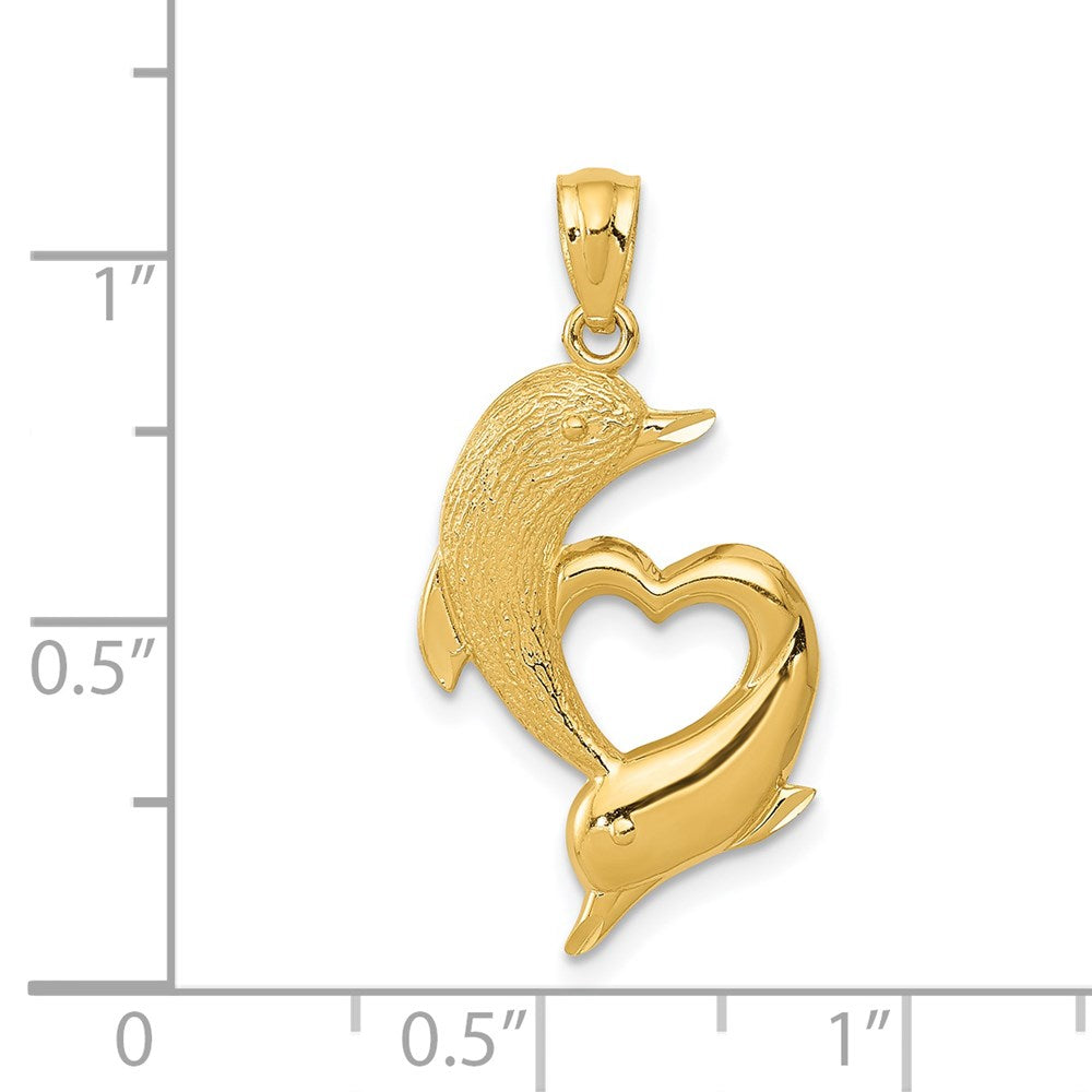 14k Yellow Gold 13.5 mm D/C Satin and Polished Dolphins Heart Pendant